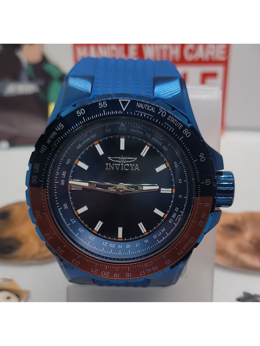 473 Invicta Aviator Men's 48mm Quartz Analog Black Dial Blue Silicone Strap 100m